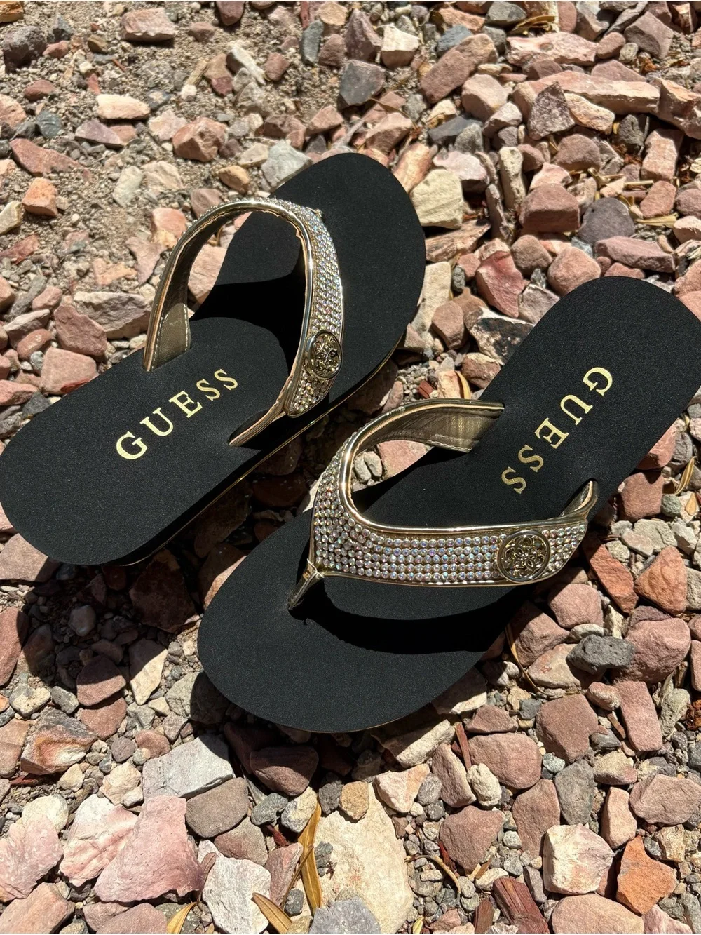 GUESS Sarraly 4 Gold Rhinestone Wedge Sandals Size 8 NIB W Crystal Accents